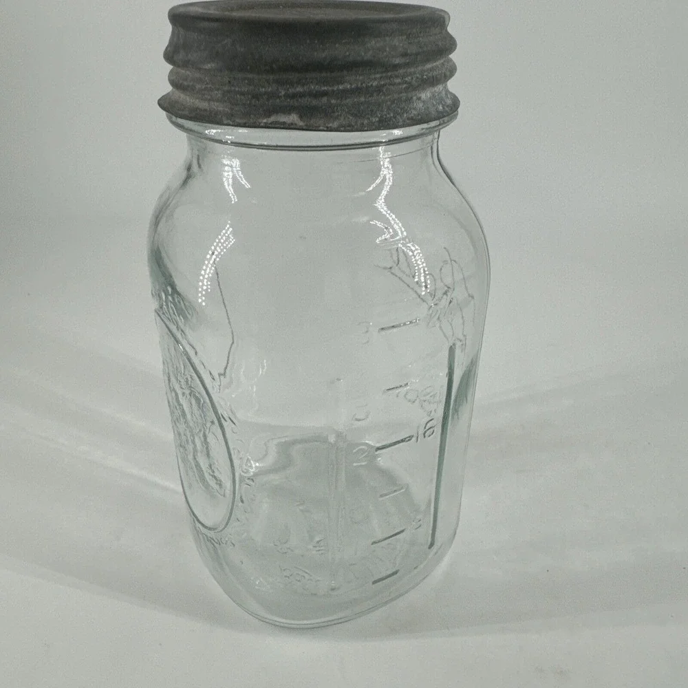 Ball Mason Canning Jar Qt Blue Tint Glass Measure Sculptured 62 C10 w/Zinc Lid